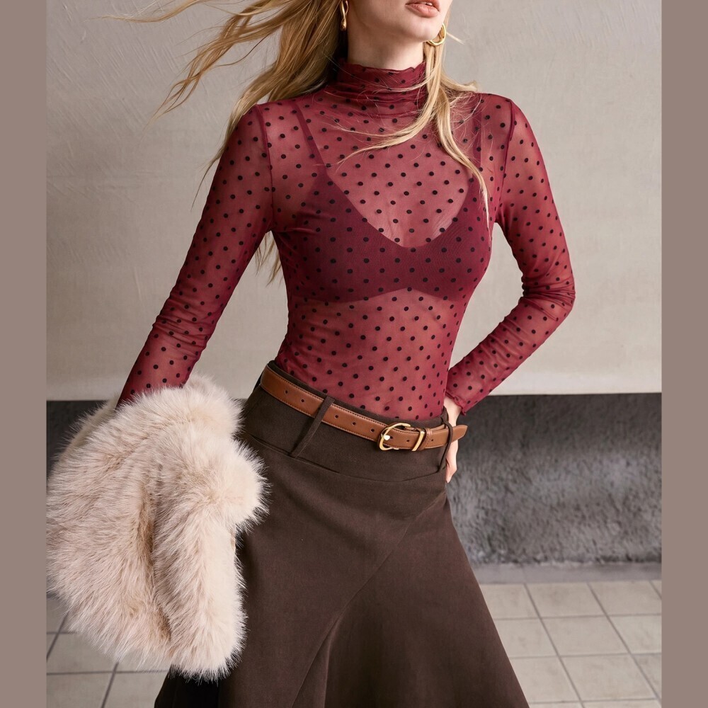 Burgundy Sheer Mesh Polka Dot Funnel Neck Long Sleeve Top